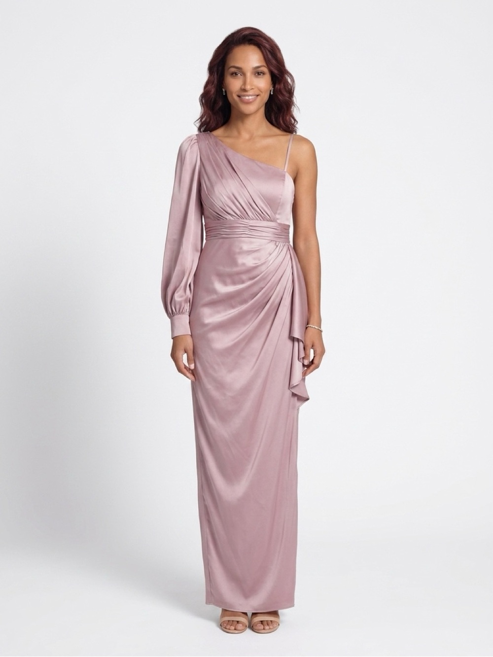 One-Shoulder Mauve Satin Evening Dress with Draped Waist